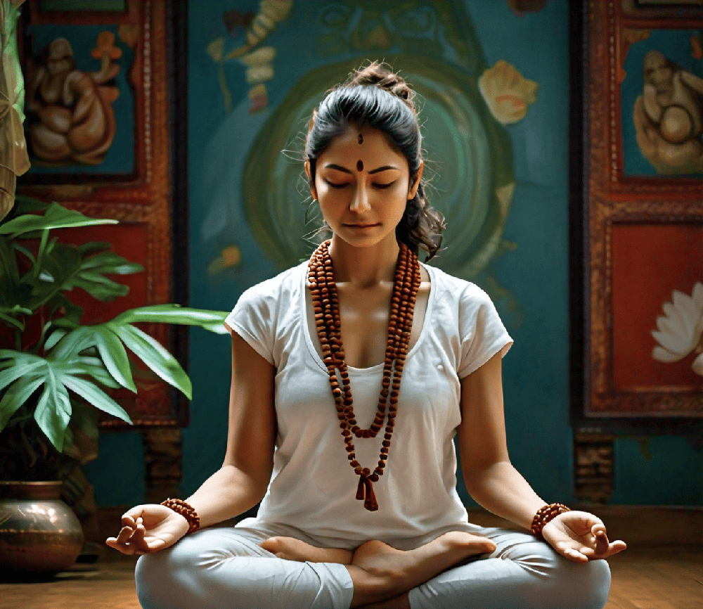 A serene image of a person meditating with Rudraksha beads, embodying focus and inner peace